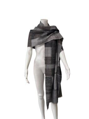 eskandar Gray Multi Plaid Oversized Long Basketweave Cashmere Silk Wrap Scarf